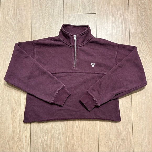 TNA Tops - TNA Aritzia Burgundy Cropped Half-Zip Pullover Sweater Sweatfleece Small Cozy